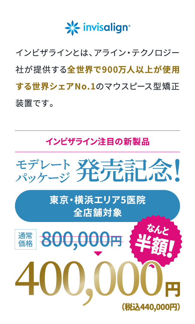 point01痛みが少ない目立たないpoint02人前に立つ機会の多い方、人生の大切なイベントをひかえた方でも安心地域最安値インビザラインとは、アライン・テクノロジー社が提供する全世界で900万人以上が使用する世界シェアNo.1のマウスピース型矯正装置です。